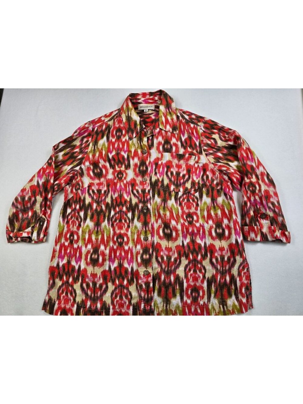 Jones New York Sport Woman 1X 100% Linen Ikat Print Button-Up Shirt Long Sleeve